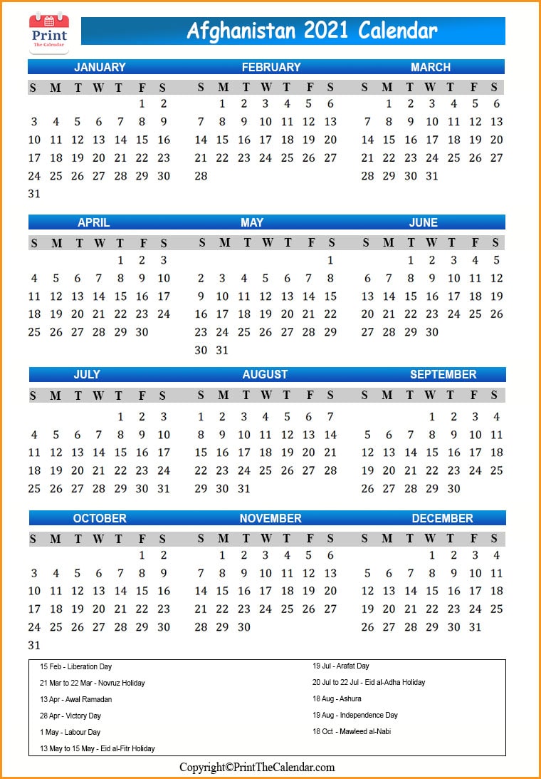 Afghanistan Calendar 2021